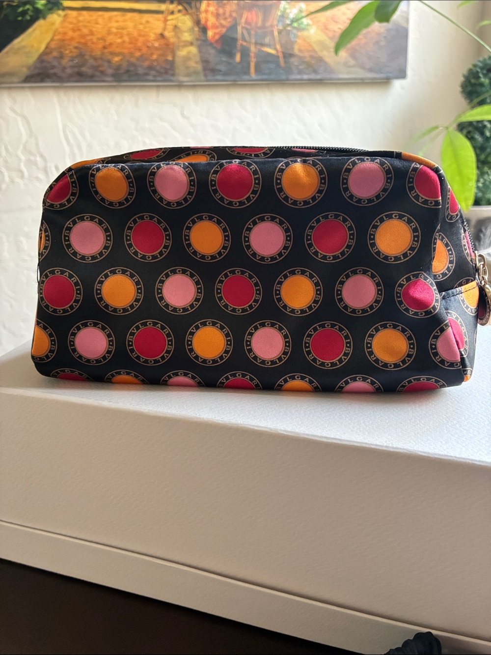 Bulgari Black Cosmetic Pouch with Pink, Red & Orange Circle Motif